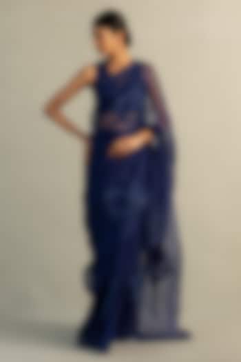 Sapphire Blue Organza Floral Applique Embroidered Party Wear Saree Set by Charkhee at Pernia's Pop Up Shop