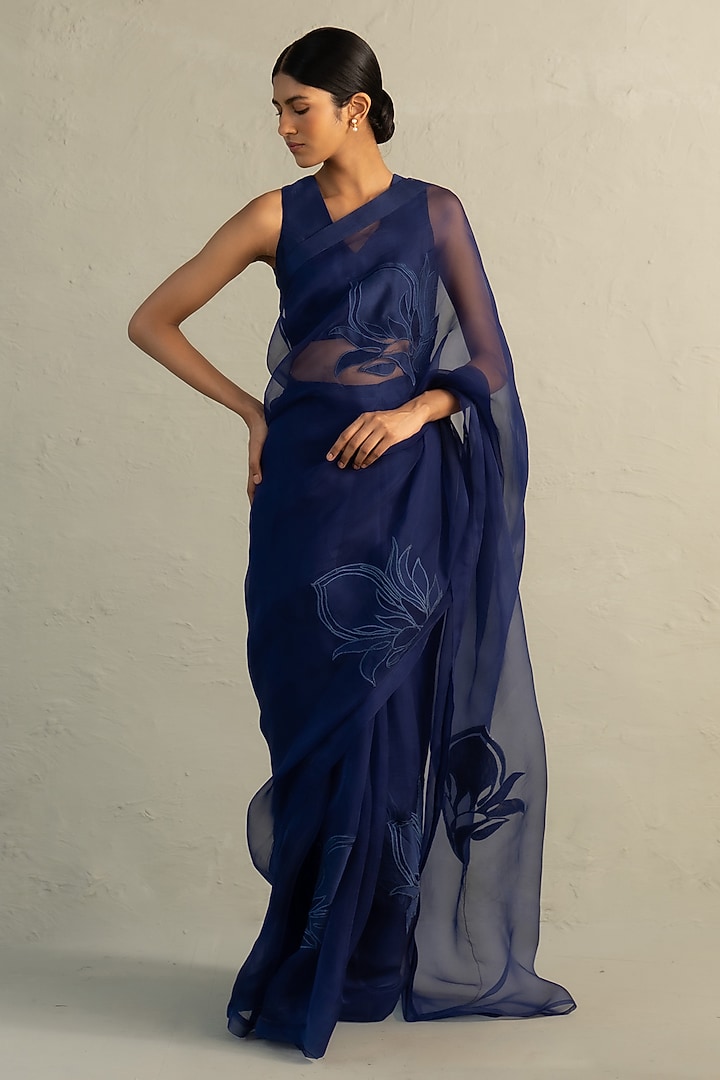 Sapphire Blue Organza Floral Applique Embroidered Party Wear Saree Set by Charkhee at Pernia's Pop Up Shop