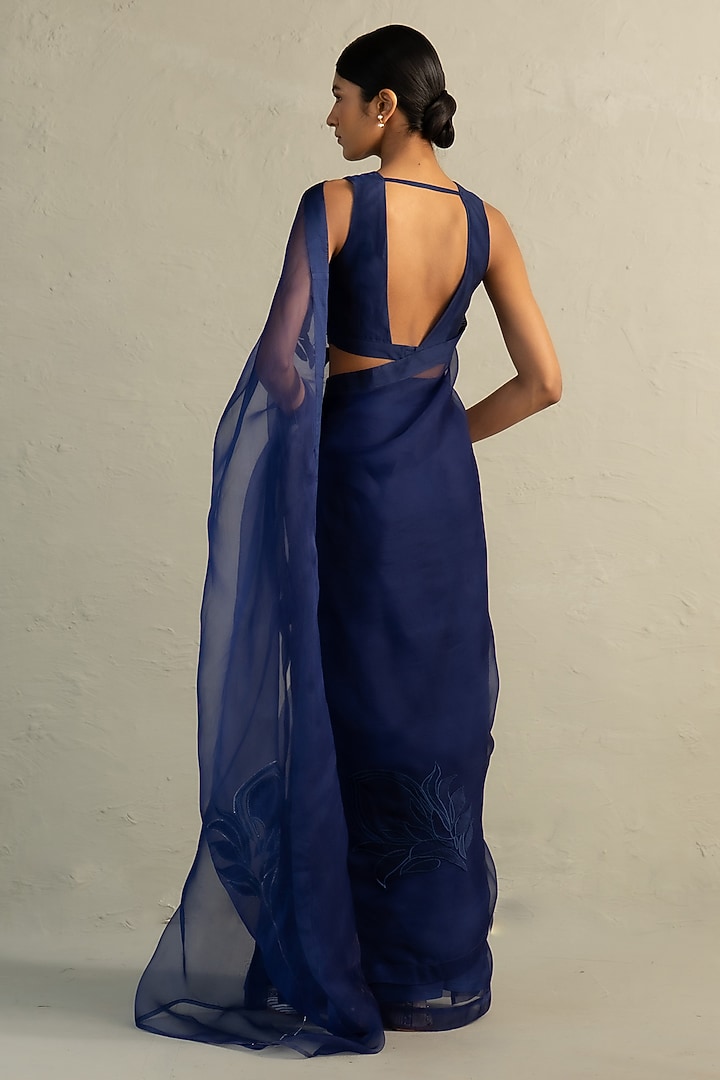 Sapphire Blue Organza Floral Applique Embroidered Party Wear Saree Set by Charkhee at Pernia's Pop Up Shop