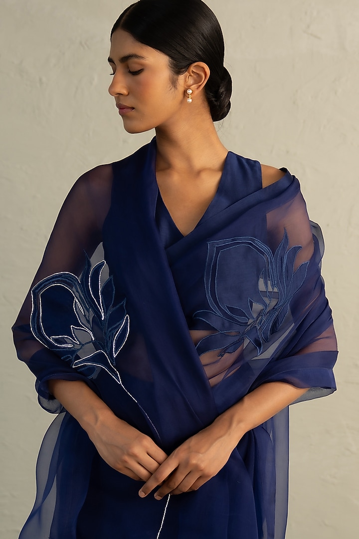 Sapphire Blue Organza Floral Applique Embroidered Party Wear Saree Set by Charkhee at Pernia's Pop Up Shop