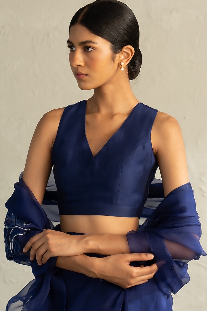 Sapphire Blue Organza Floral Applique Embroidered Party Wear Saree Set by Charkhee at Pernia's Pop Up Shop