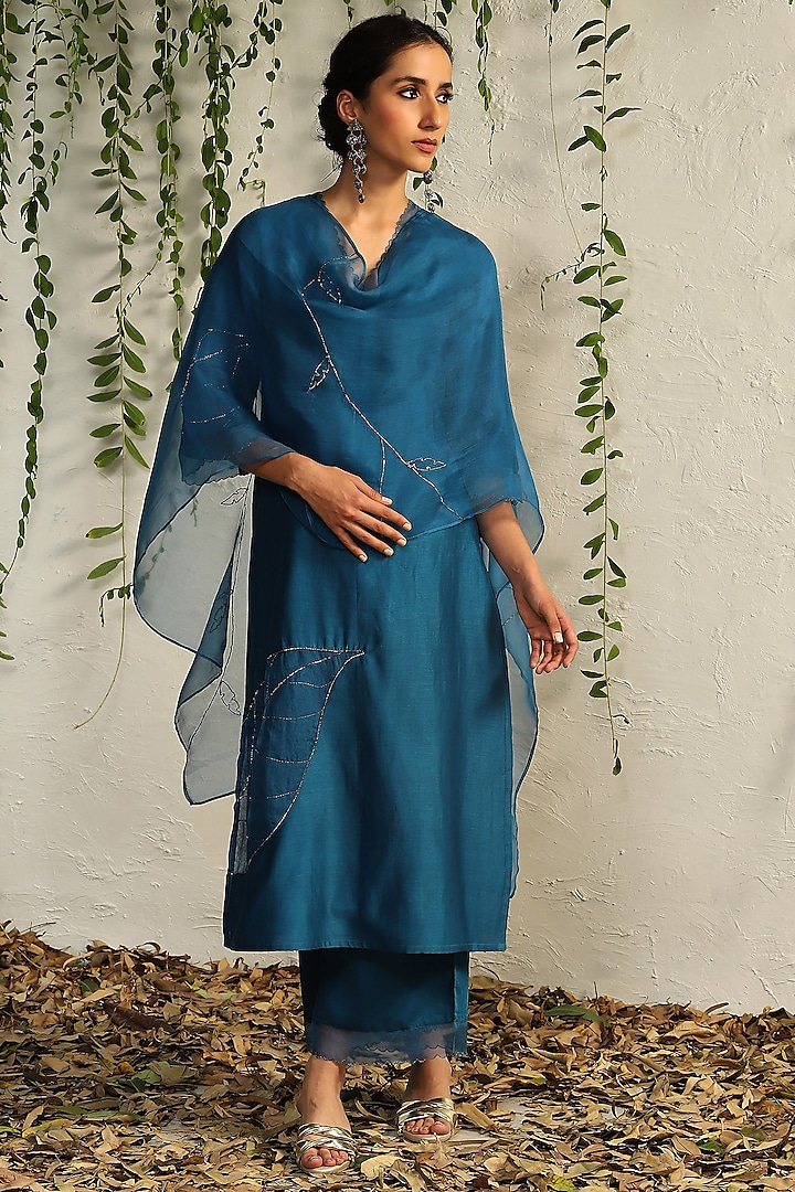 True Blue Chanderi Embroidered Kurta Set by Charkhee at Pernia's Pop Up Shop