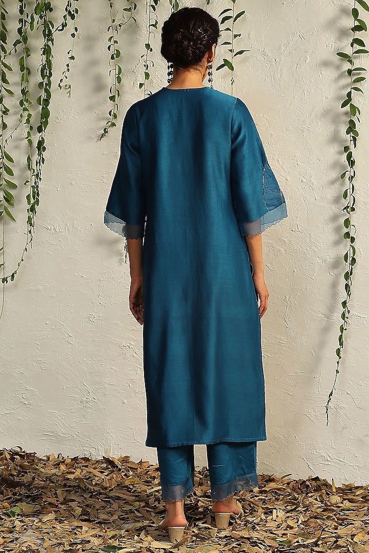 True Blue Chanderi Embroidered Kurta Set by Charkhee at Pernia's Pop Up Shop