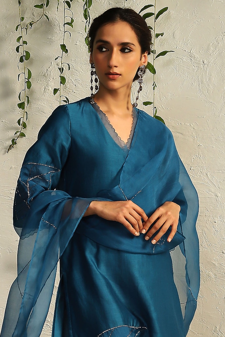 True Blue Chanderi Embroidered Kurta Set by Charkhee at Pernia's Pop Up Shop