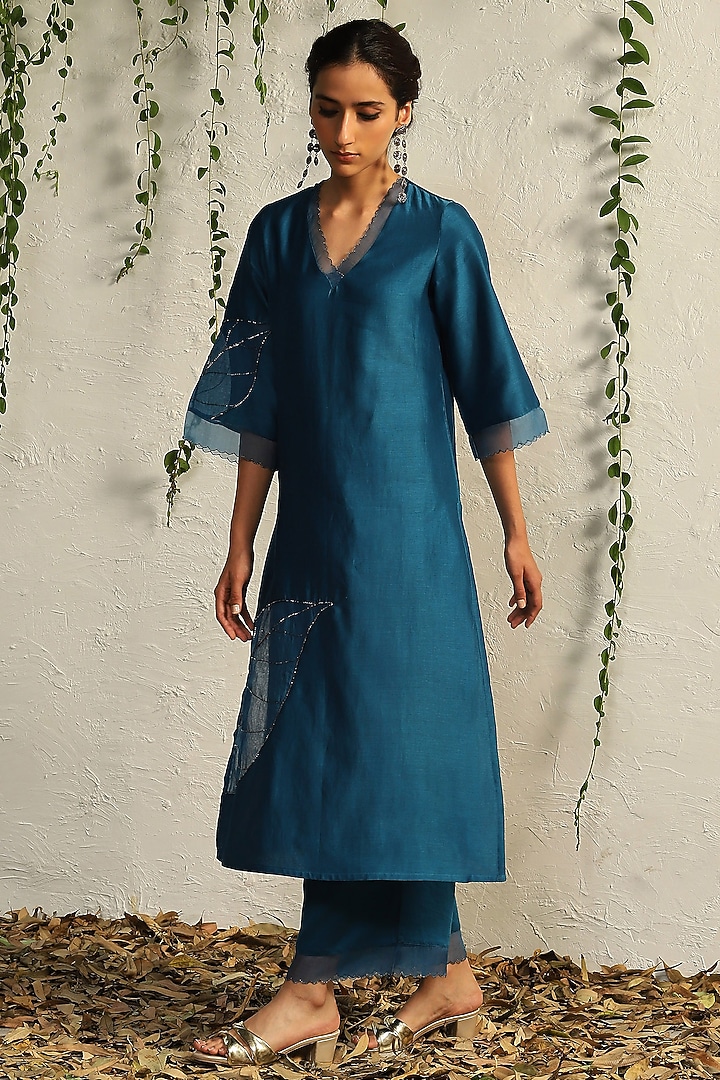True Blue Chanderi Embroidered Kurta Set by Charkhee at Pernia's Pop Up Shop