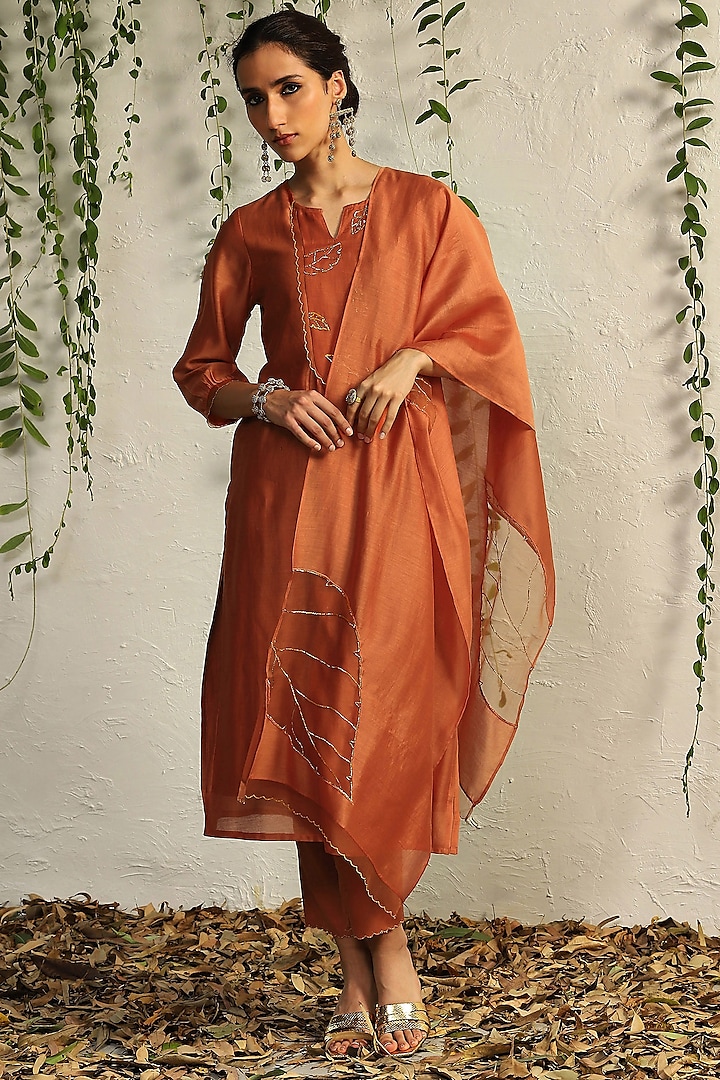 Spice Orange Chanderi Embroidered Kurta Set by Charkhee