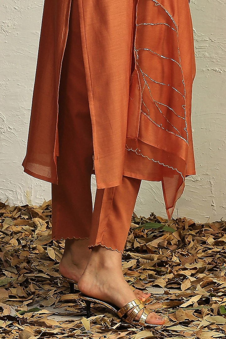 Spice Orange Chanderi Embroidered Kurta Set by Charkhee at Pernia's Pop Up Shop