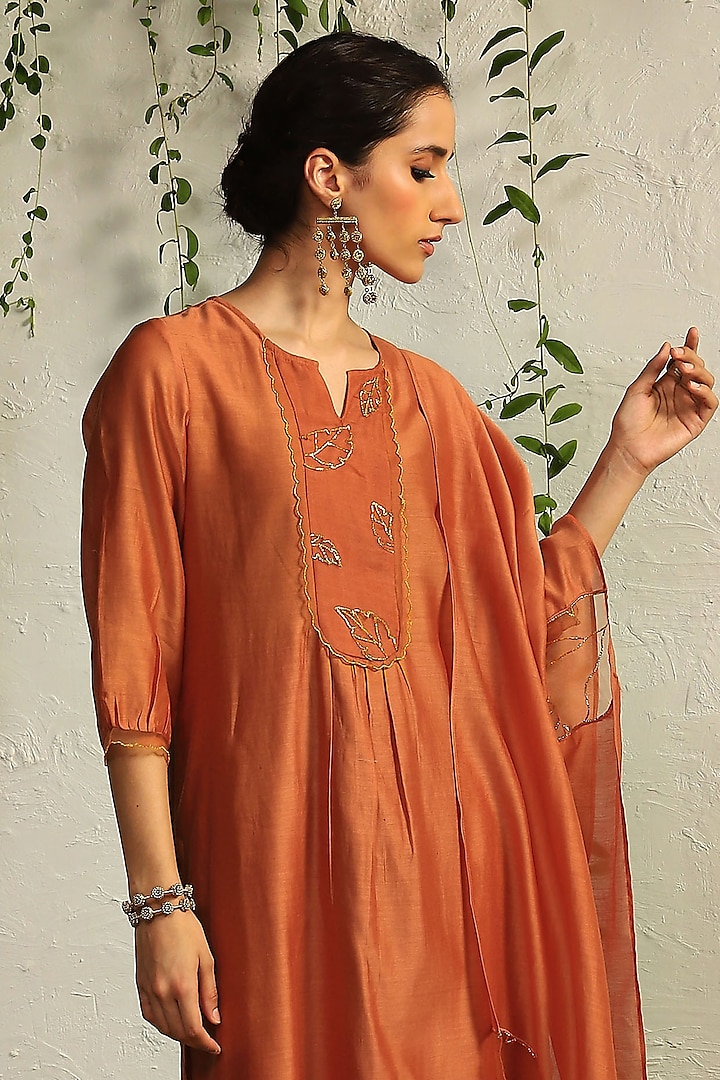 Spice Orange Chanderi Embroidered Kurta Set by Charkhee at Pernia's Pop Up Shop