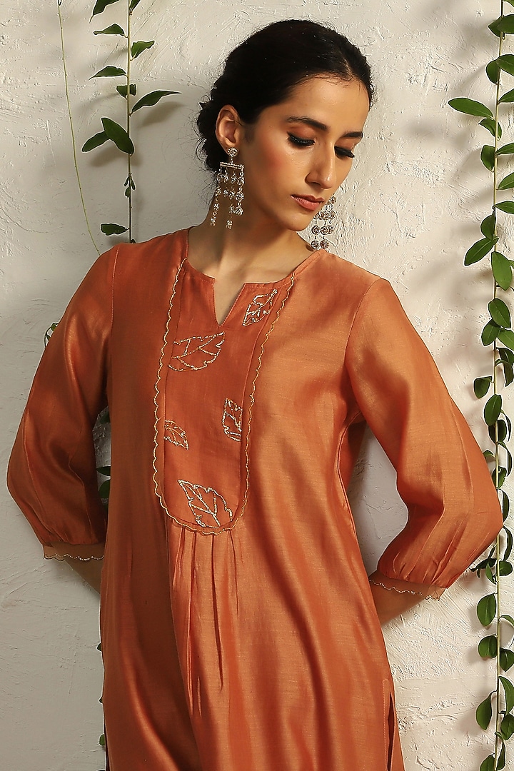 Spice Orange Chanderi Embroidered Kurta Set by Charkhee at Pernia's Pop Up Shop