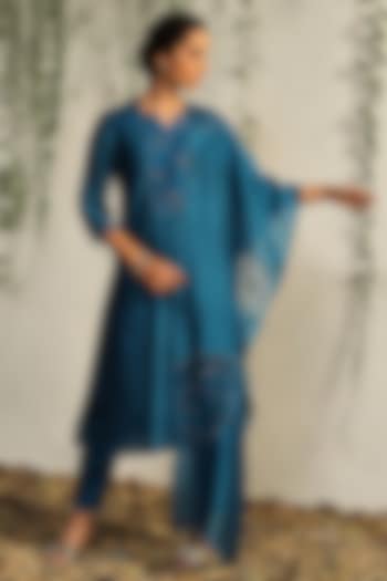 True Blue Chanderi Embroidered Kurta Set by Charkhee at Pernia's Pop Up Shop