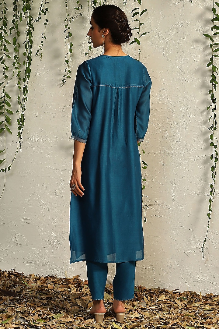 True Blue Chanderi Embroidered Kurta Set by Charkhee at Pernia's Pop Up Shop