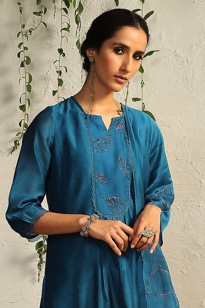 True Blue Chanderi Embroidered Kurta Set by Charkhee at Pernia's Pop Up Shop