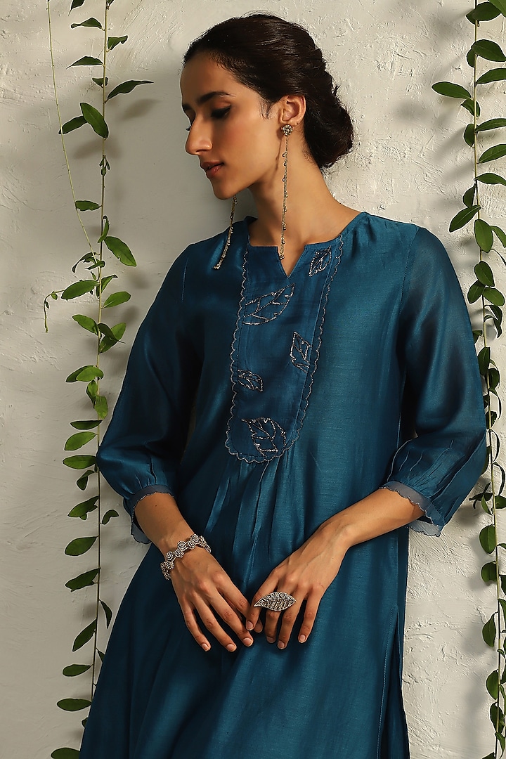 True Blue Chanderi Embroidered Kurta Set by Charkhee at Pernia's Pop Up Shop