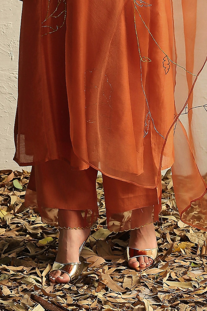 Spice Orange Chanderi Embroidered Kurta Set by Charkhee at Pernia's Pop Up Shop
