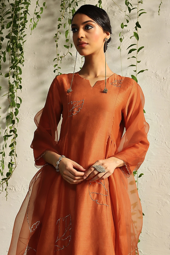 Spice Orange Chanderi Embroidered Kurta Set by Charkhee at Pernia's Pop Up Shop