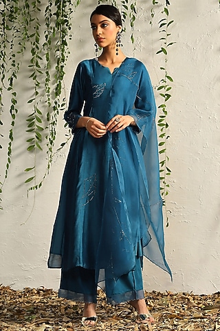 True Blue Chanderi Embroidered Kurta Set by Charkhee