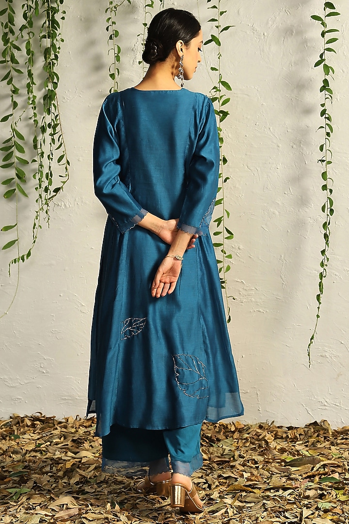 True Blue Chanderi Embroidered Kurta Set by Charkhee at Pernia's Pop Up Shop