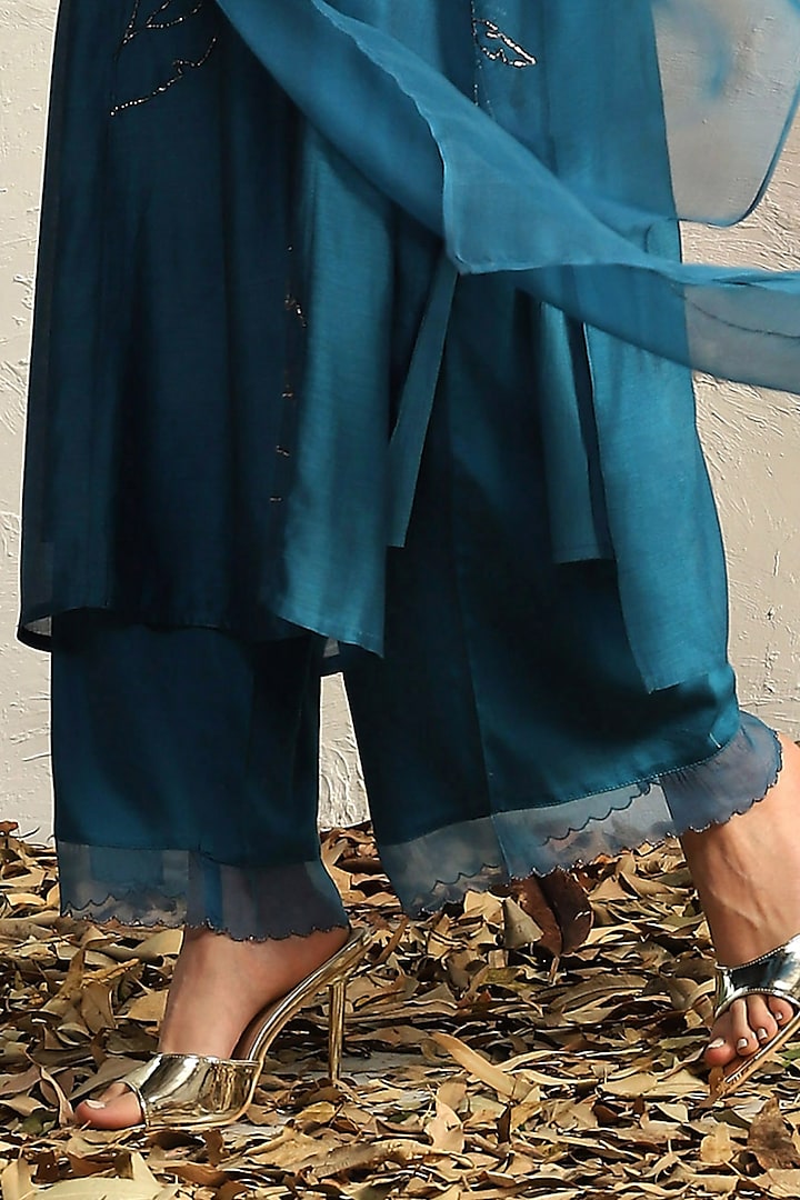 True Blue Chanderi Embroidered Kurta Set by Charkhee at Pernia's Pop Up Shop