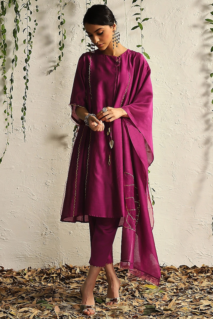 Pop Pink Chanderi Kurta Set by Charkhee