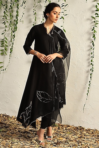 Black Chanderi Embroidered Asymmetric Kurta Set by Charkhee