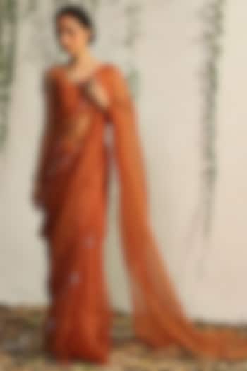 Spice Orange Organza Embroidered Saree Set by Charkhee