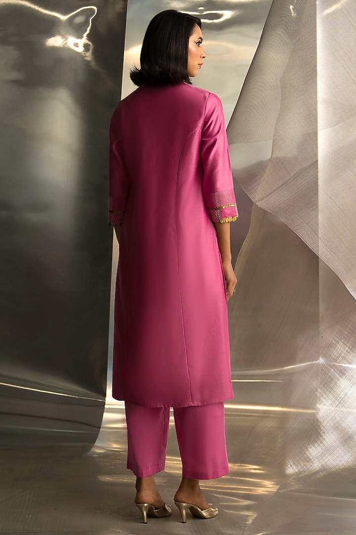 Bloom Pink Chanderi Embroidered Kurta Set by Charkhee at Pernia's Pop Up Shop
