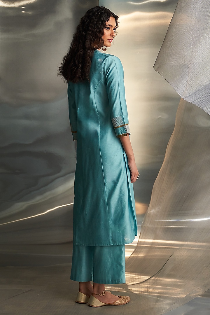Powder Blue Chanderi Embroidered Kurta Set by Charkhee at Pernia's Pop Up Shop