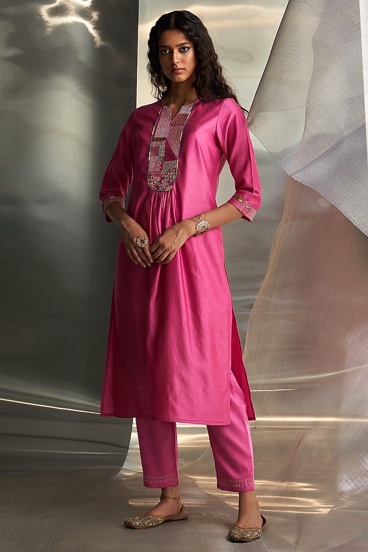 Bloom Pink Chanderi Embroidered Kurta Set by Charkhee at Pernia's Pop Up Shop