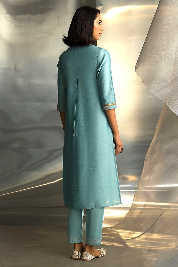Powder Blue Chanderi Embroidered Kurta Set by Charkhee at Pernia's Pop Up Shop