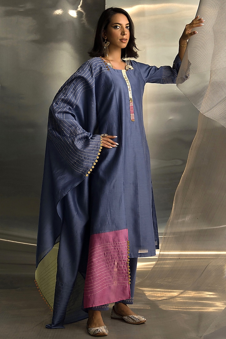 Berry Blue Chanderi Embroidered Kurta Set by Charkhee at Pernia's Pop Up Shop