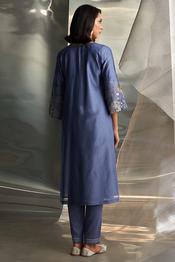 Berry Blue Chanderi Embroidered Kurta Set by Charkhee at Pernia's Pop Up Shop