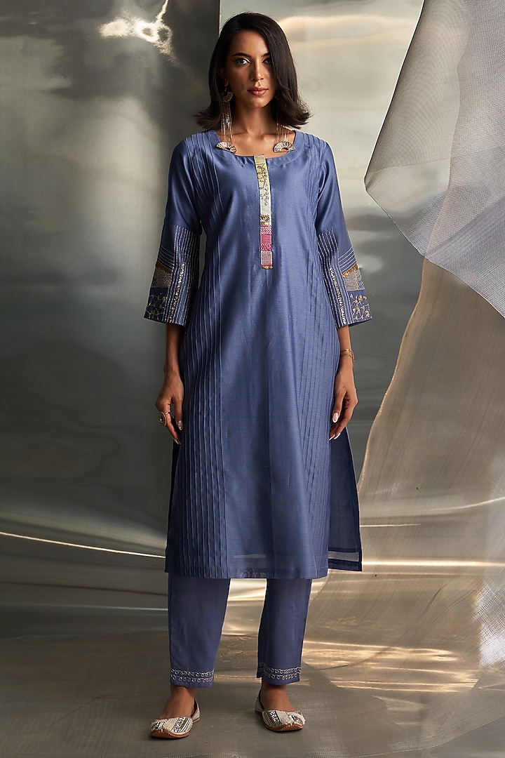 Berry Blue Chanderi Embroidered Kurta Set by Charkhee at Pernia's Pop Up Shop