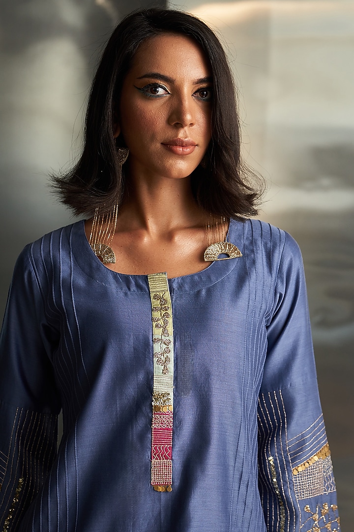 Berry Blue Chanderi Embroidered Kurta Set by Charkhee at Pernia's Pop Up Shop