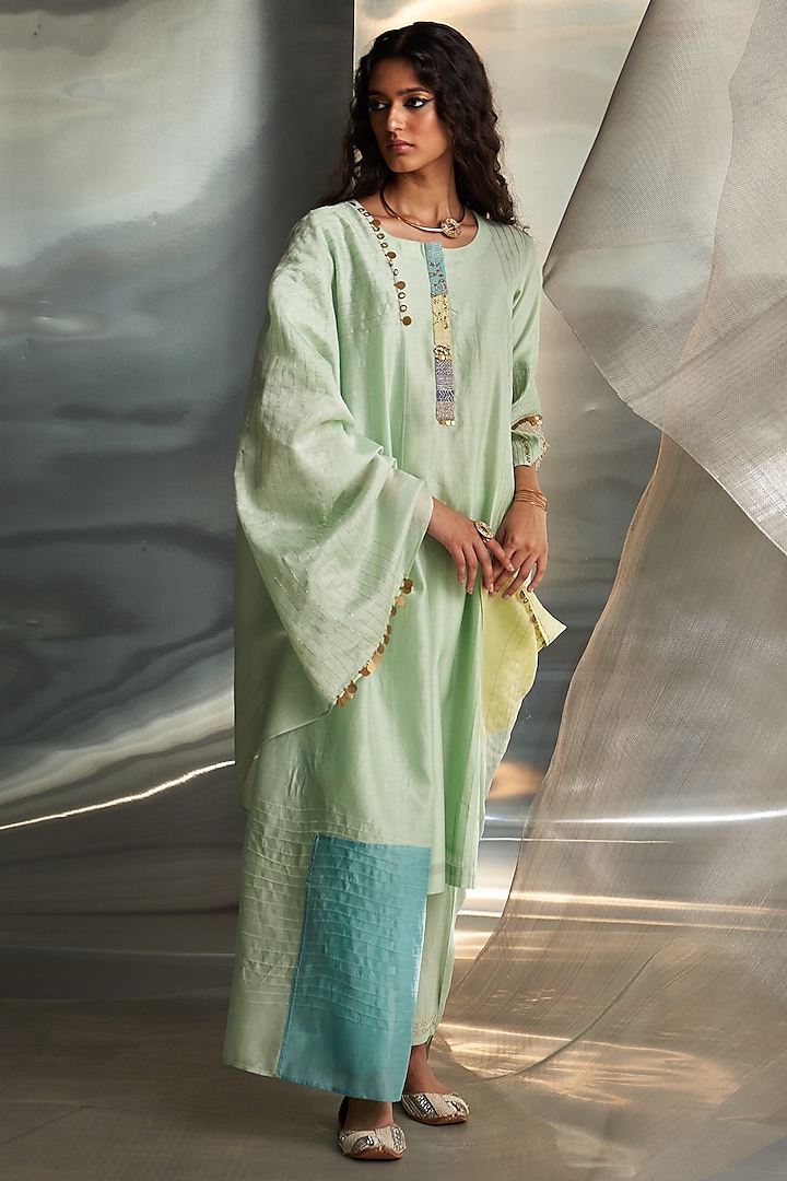 Mint Green Chanderi Embroidered Kurta Set by Charkhee at Pernia's Pop Up Shop