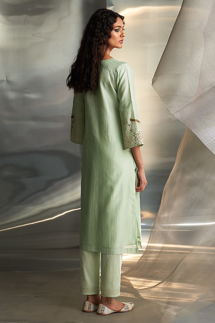 Mint Green Chanderi Embroidered Kurta Set by Charkhee at Pernia's Pop Up Shop