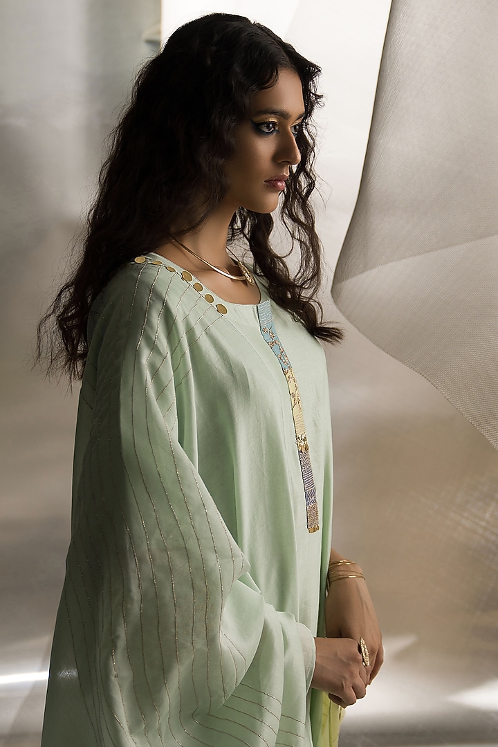 Mint Green Chanderi Embroidered Kurta Set by Charkhee at Pernia's Pop Up Shop