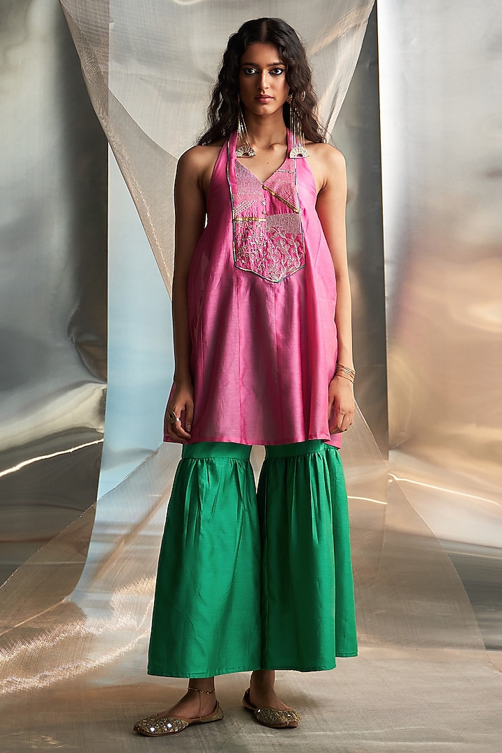 Bloom Pink Chanderi Embroidered Kurta Set by Charkhee at Pernia's Pop Up Shop