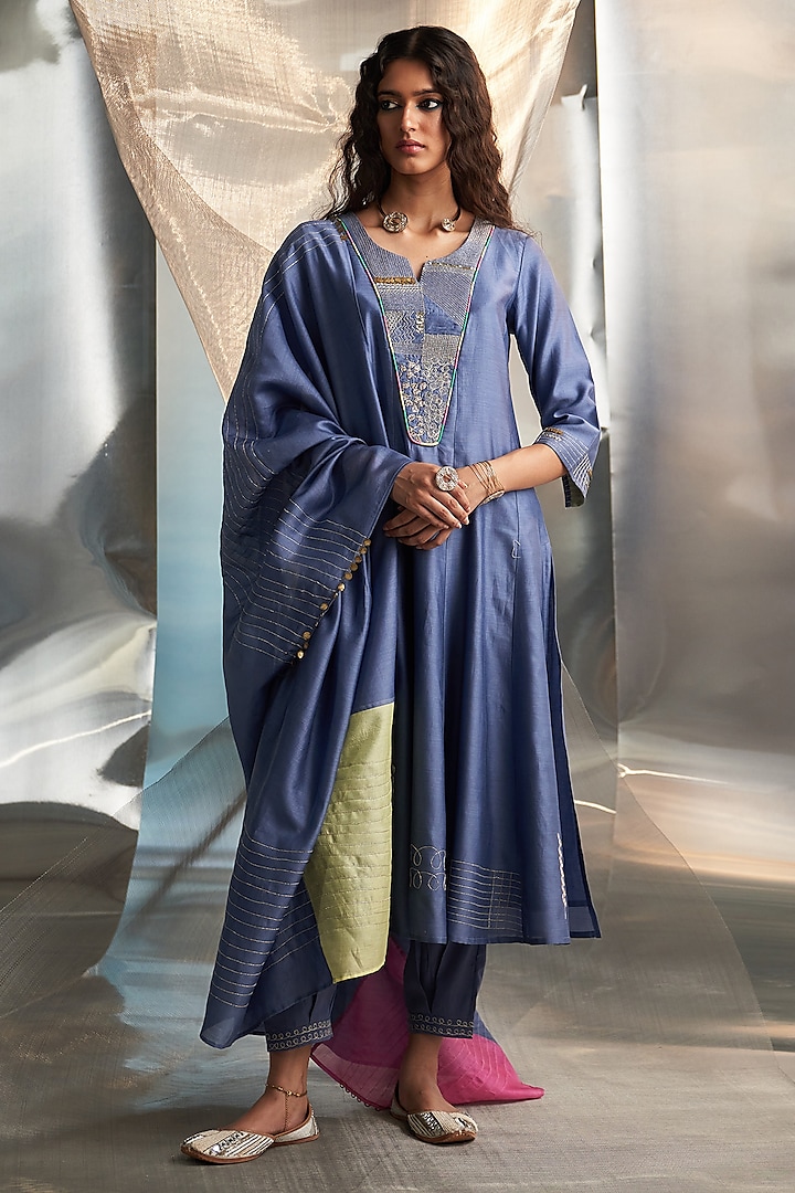 Berry Blue Chanderi Embroidered Kurta Set by Charkhee at Pernia's Pop Up Shop