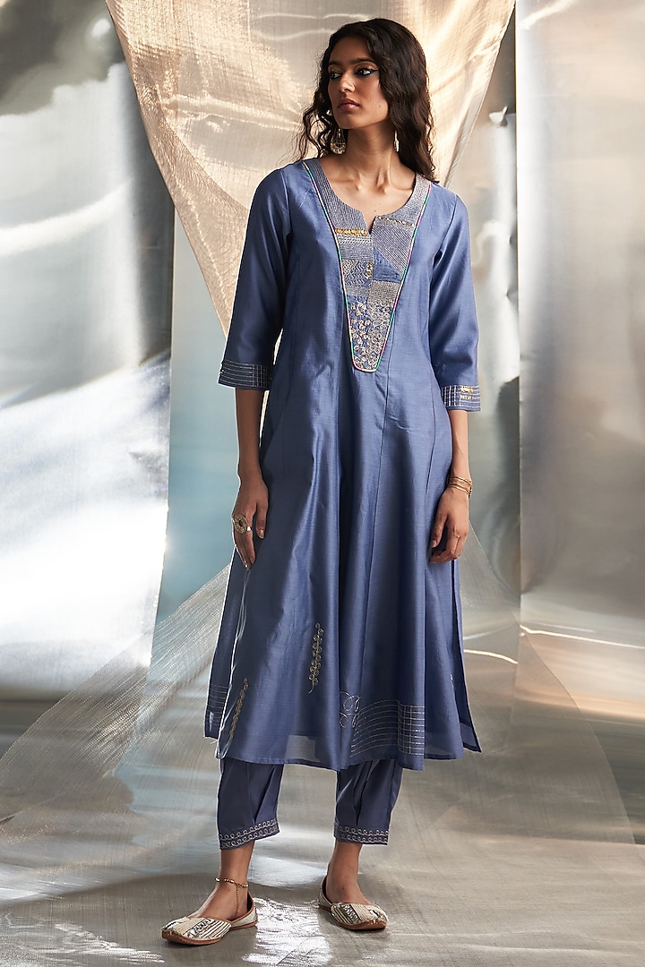 Berry Blue Chanderi Embroidered Kurta Set by Charkhee at Pernia's Pop Up Shop