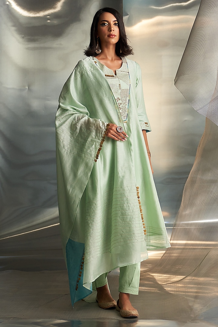 Mint Green Chanderi Embroidered Kurta Set by Charkhee at Pernia's Pop Up Shop