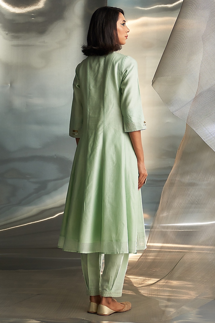 Mint Green Chanderi Embroidered Kurta Set by Charkhee at Pernia's Pop Up Shop