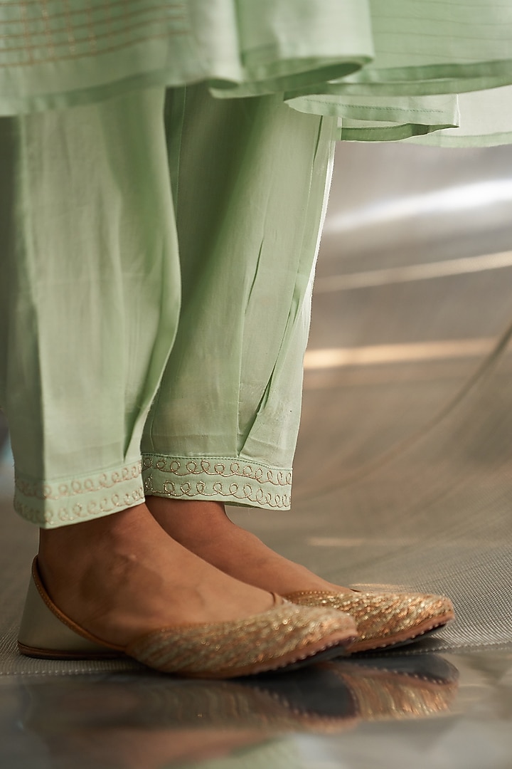 Mint Green Chanderi Embroidered Kurta Set by Charkhee at Pernia's Pop Up Shop