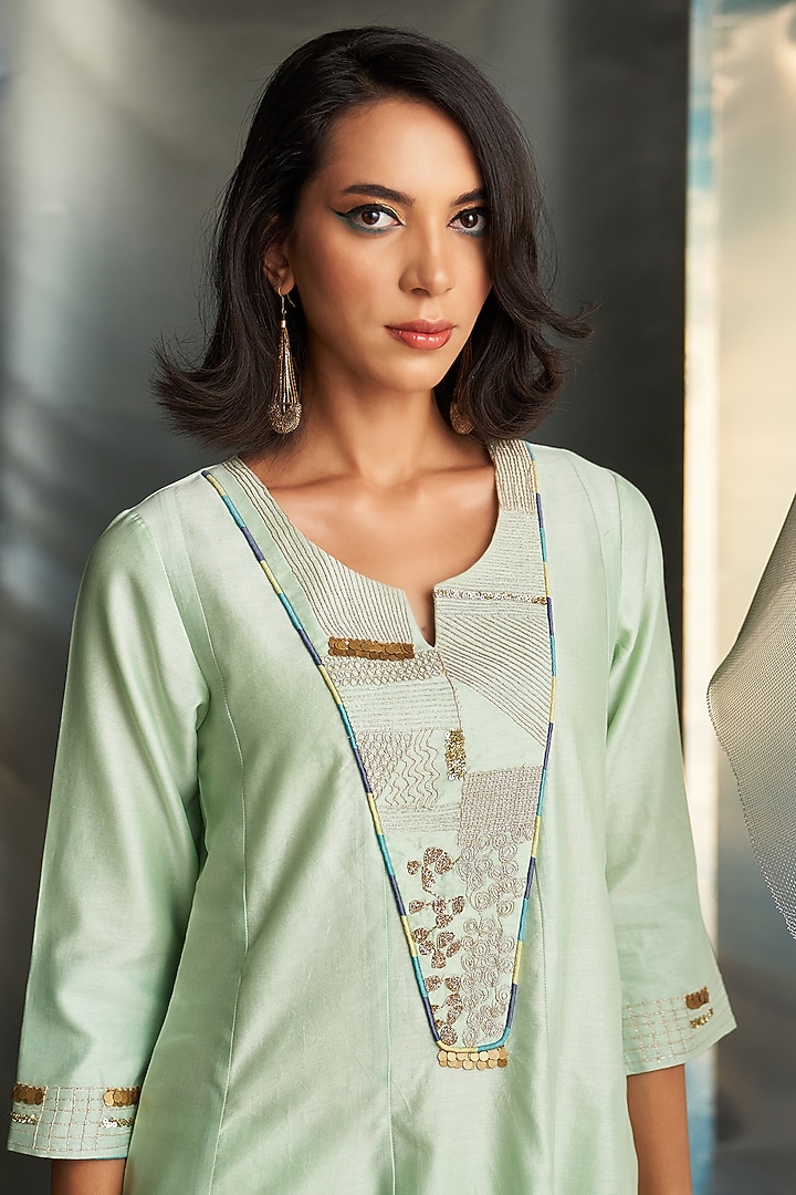 Mint Green Chanderi Embroidered Kurta Set by Charkhee at Pernia's Pop Up Shop