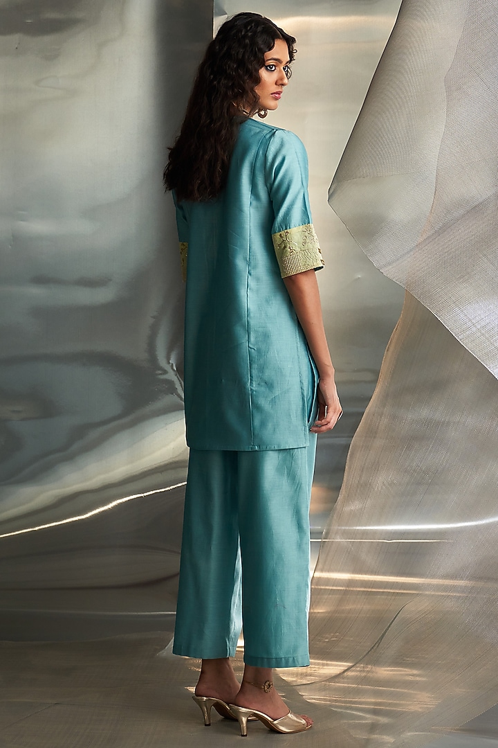 Powder Blue Chanderi Embroidered Kurta Set by Charkhee at Pernia's Pop Up Shop