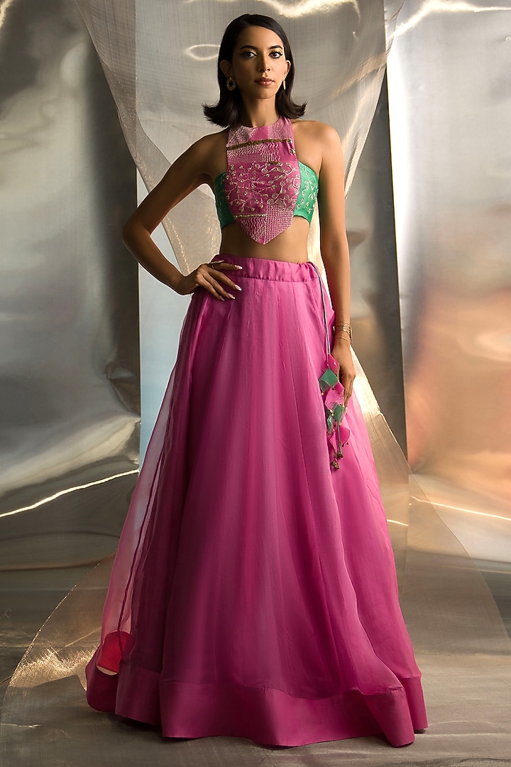 Bloom Pink Organza Wedding Lehenga Set by Charkhee at Pernia's Pop Up Shop