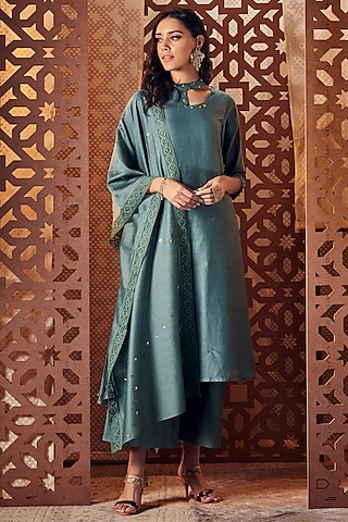Sage Green Embroidered Kurta Set by Charkhee