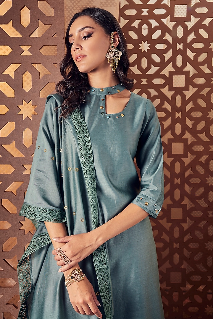 Sage Green Embroidered Kurta Set by Charkhee at Pernia's Pop Up Shop