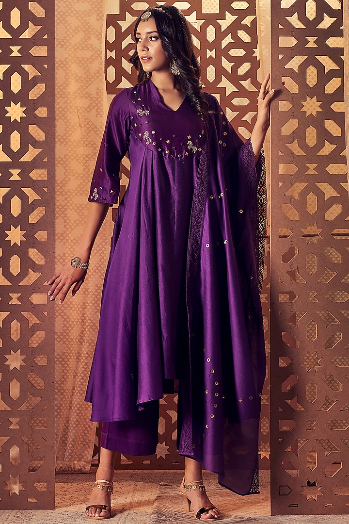 Purple Embroidered Anarkali Set by Charkhee