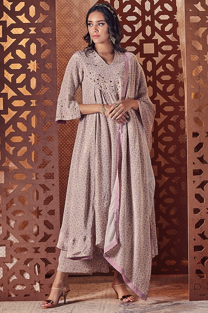 Fawn Printed Party Wear Anarkali Set by Charkhee at Pernia's Pop Up Shop