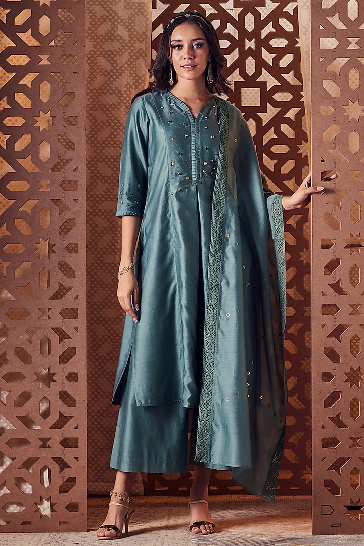 Sage Green Chanderi Kurta Set by Charkhee at Pernia's Pop Up Shop